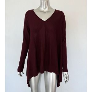 DKNY Burgundy Sweater Top 100% Merino Wool V-Neck Relaxed s